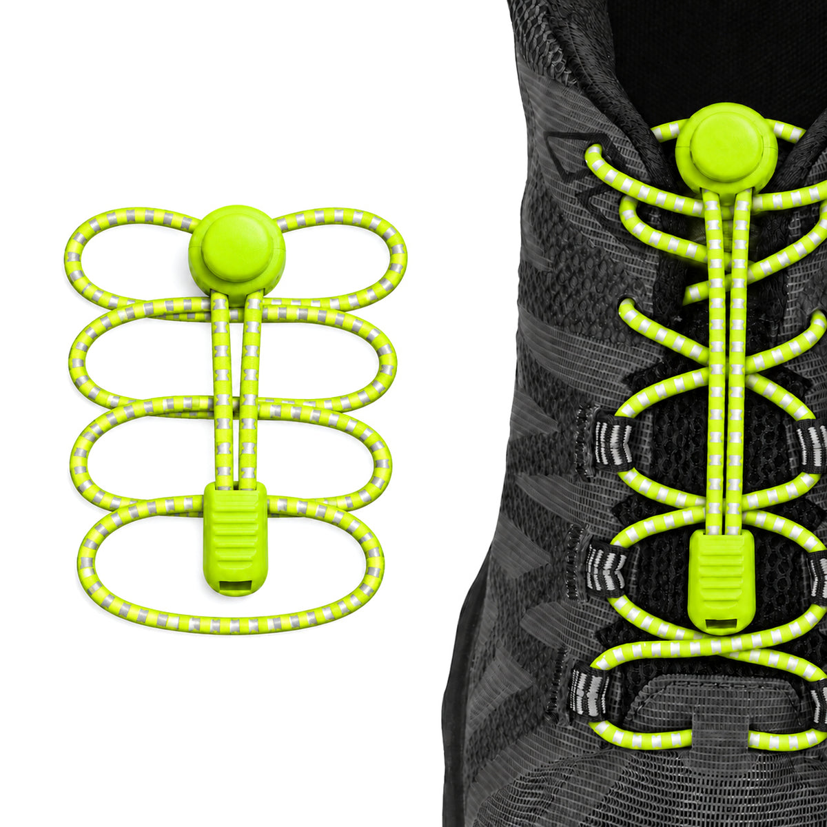 Giallo neon – lacci fermacorda riflettente giallo fluo 02 su scarpa